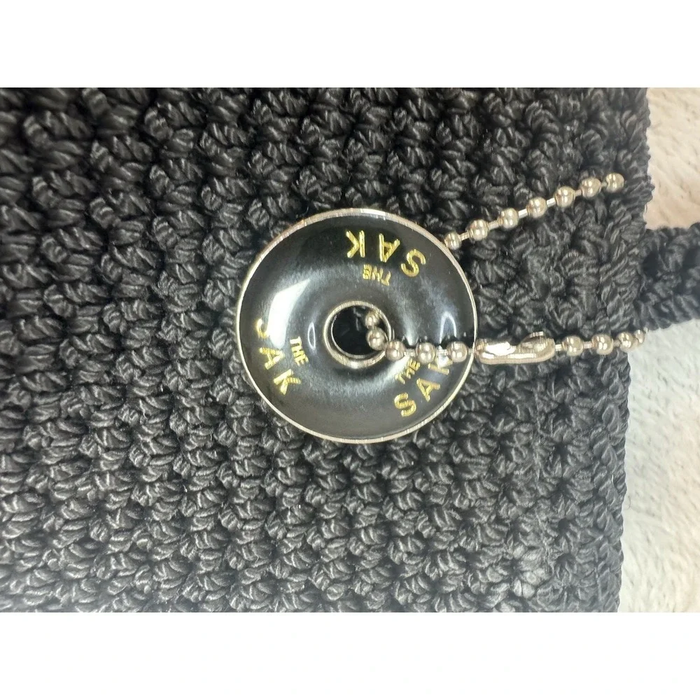 The Sak Crochet hand Bag Black Small 2 Strap Handles Zip Purse Charm‎ Logo 6x8